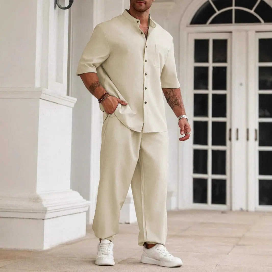 Men's cotton linen casual trousers set with short-sleeved button shirt in black, gray, or apricot