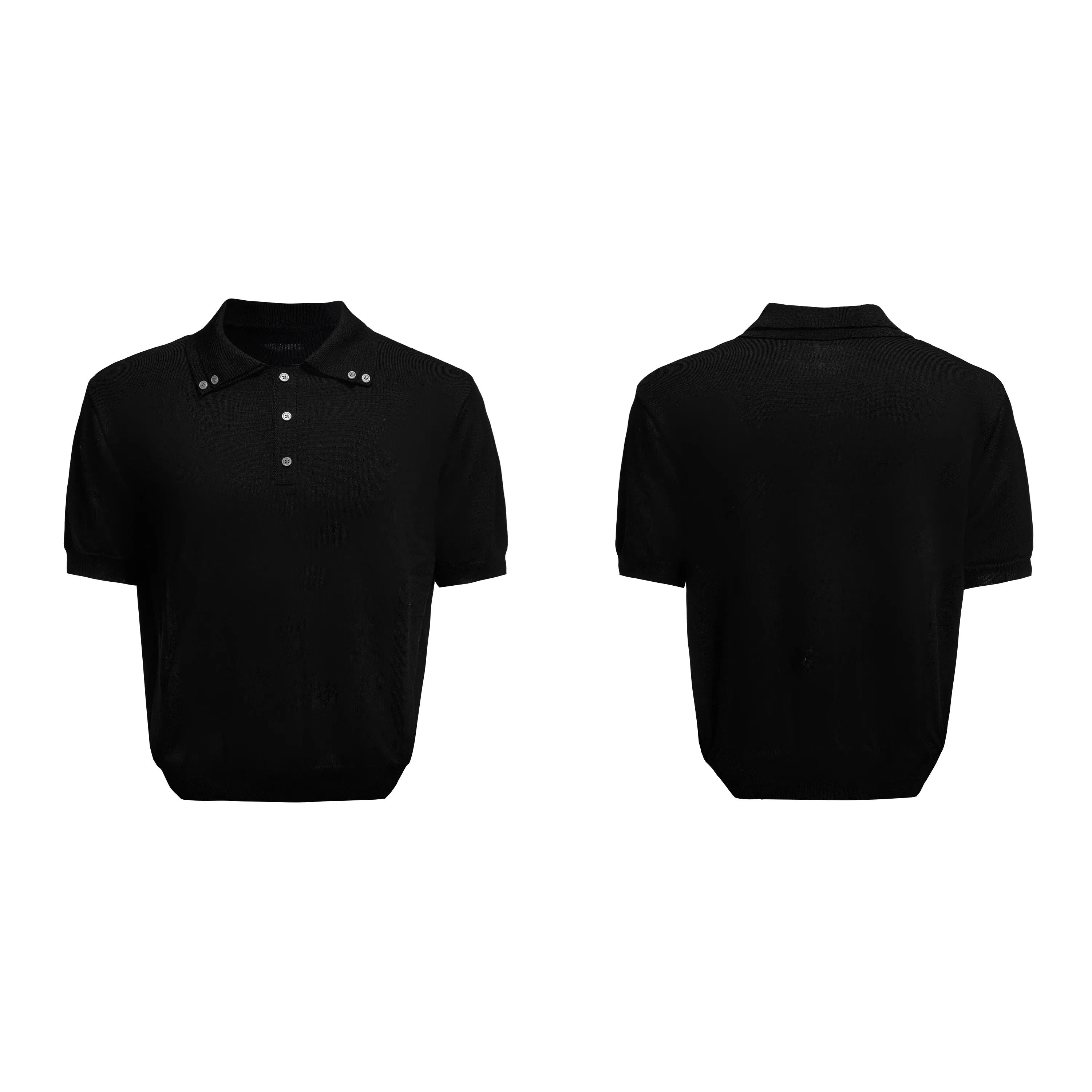 Men's black loose fit short sleeve shirt with lapel collar in polyester knit fabric