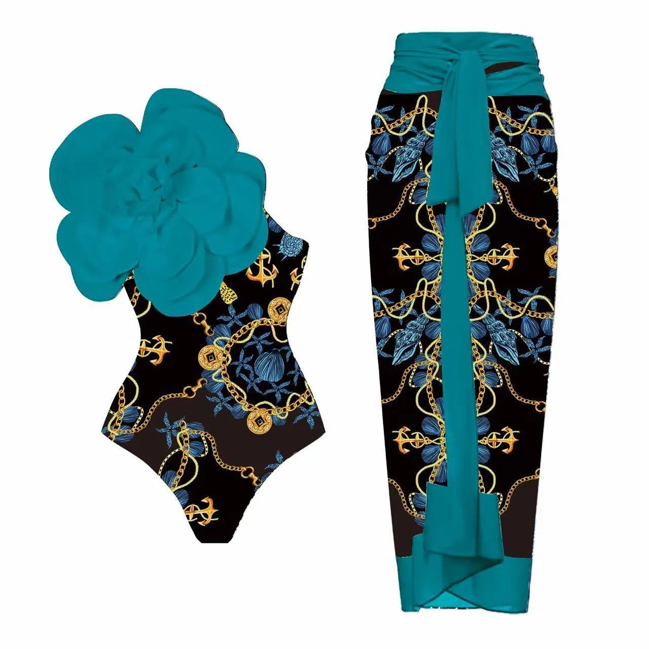 Women's floral print one-piece swimsuit with wrap skirt in polyester fabric