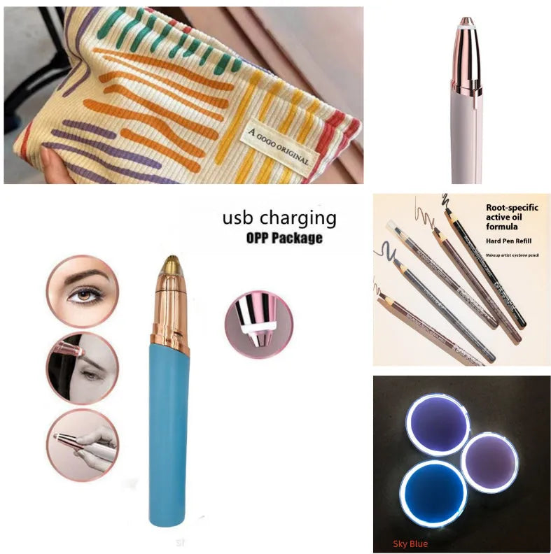Eyebrow epilator pen with gold plated head and LED light on pink background