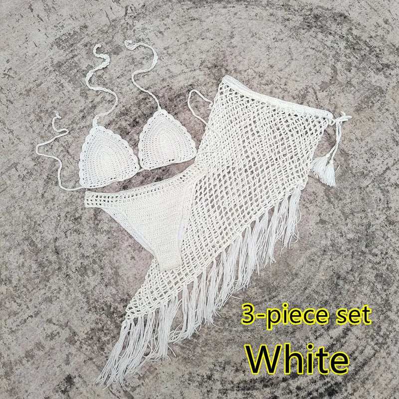 Women's 3-piece crochet bikini swimsuit set in a choice of colours on a mannequin.
