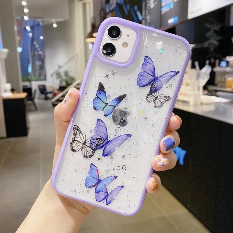 Gray epoxy glitter butterfly TPU phone case for iPhone on white background