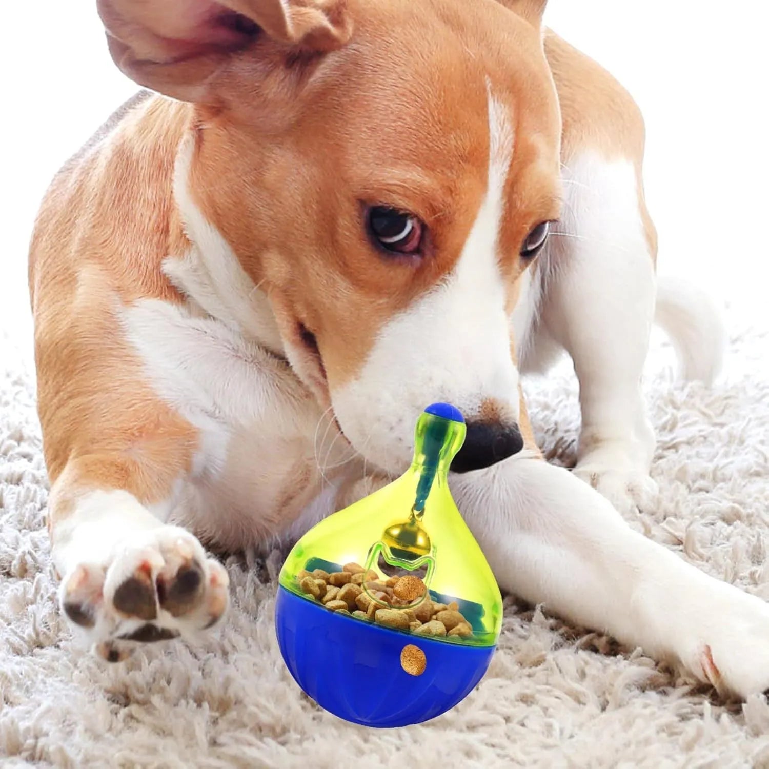 Blue tumbler-shaped interactive treat dispenser ball for dogs and cats on floor
