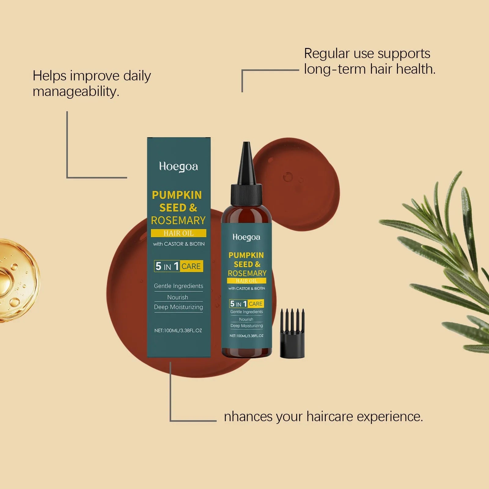 Rosemary hair essential oil 100ml bottle with pointed nozzle and massage comb set