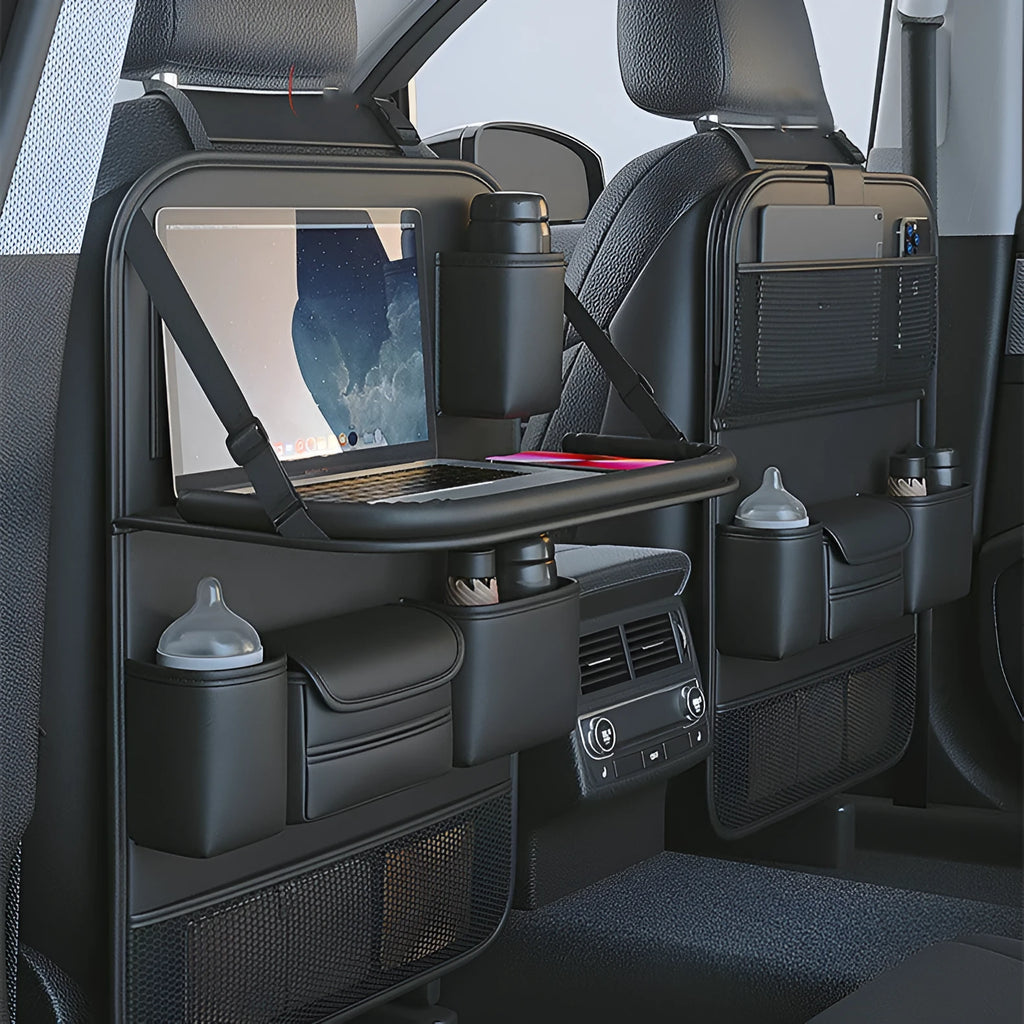 Car seat back storage bag with foldable dining table in leather, waterproof and pressure resistant, high grade gray colour