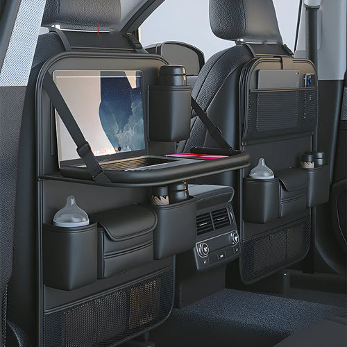 Car seat back storage bag with foldable dining table in leather, waterproof and pressure resistant, high grade gray colour