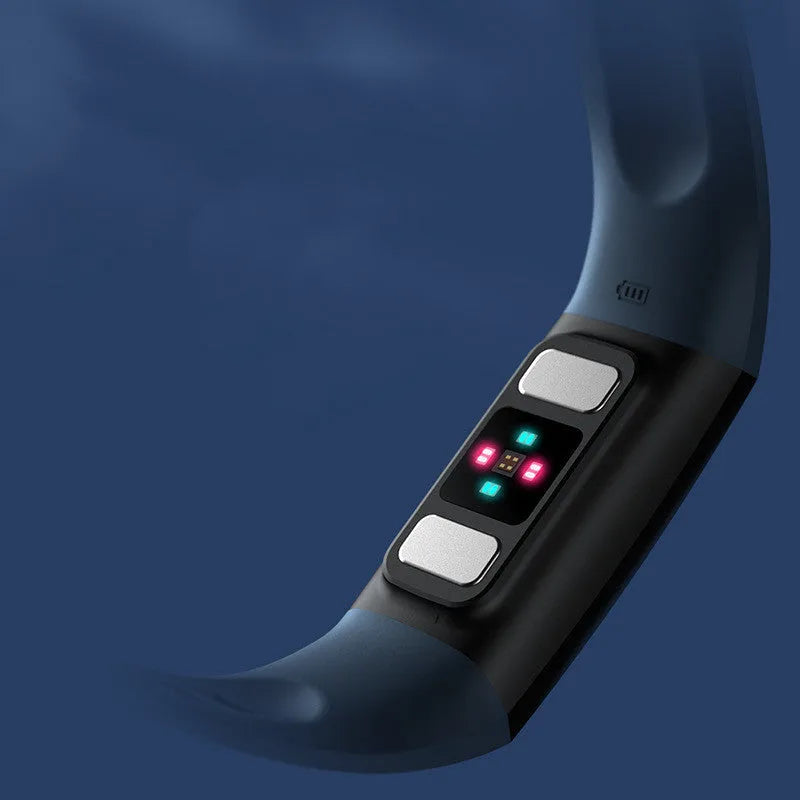 Black smart bracelet with 1.1-inch screen showing health metrics like heart rate and ECG, on a wrist.