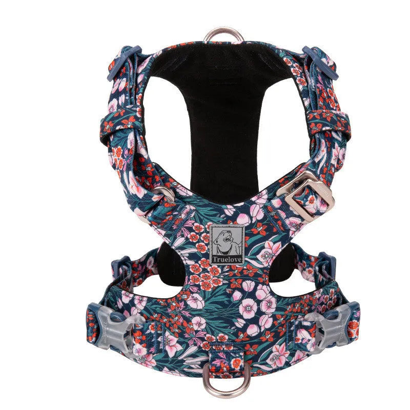 Pure cotton dog chest strap harness with floral pattern in red, blue, or green, showing pull-resistant design and adjustable sizing