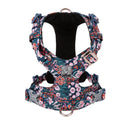 Pure cotton dog chest strap harness with floral pattern in red, blue, or green, showing pull-resistant design and adjustable sizing