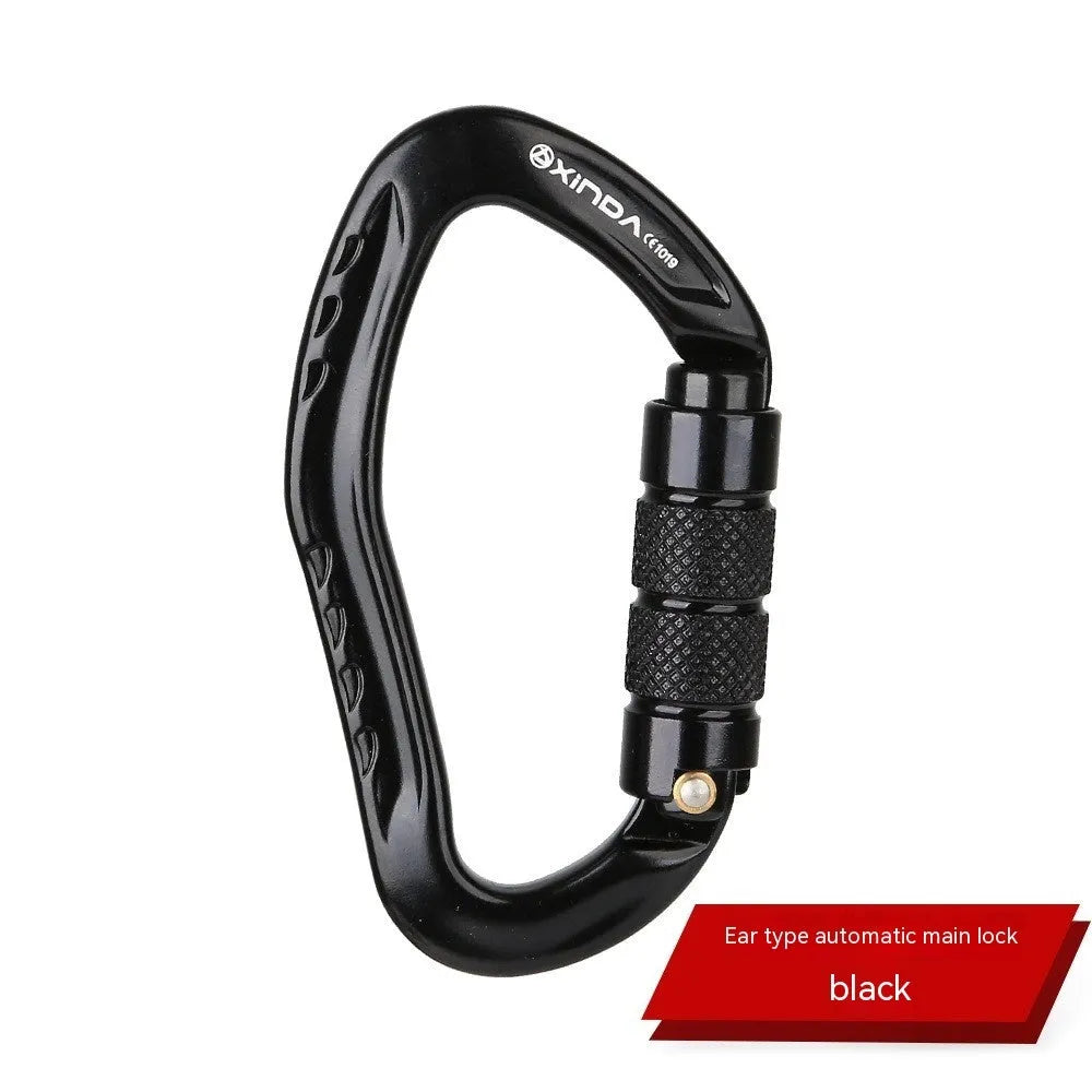 Automatic locking climbing carabiner hook in a selection of colours including black, blue, orange, red, and silver.