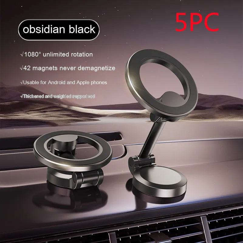 Black all-metal magnetic car phone mount with foldable bracket on vehicle dashboard