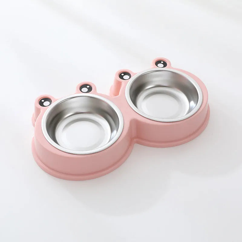 Stainless steel pet double feeding bowl in blue, green, or pink colour for cats and dogs.