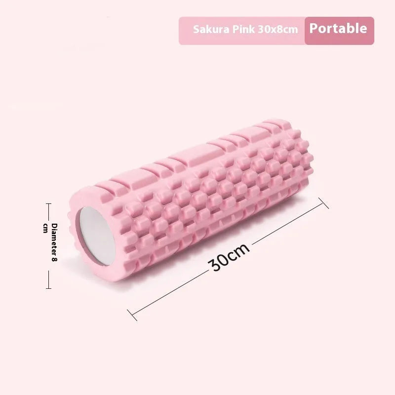 EVA foam roller for fitness in black, grey, pink, sky blue, or light purple, showing 30cm and 33cm size options.