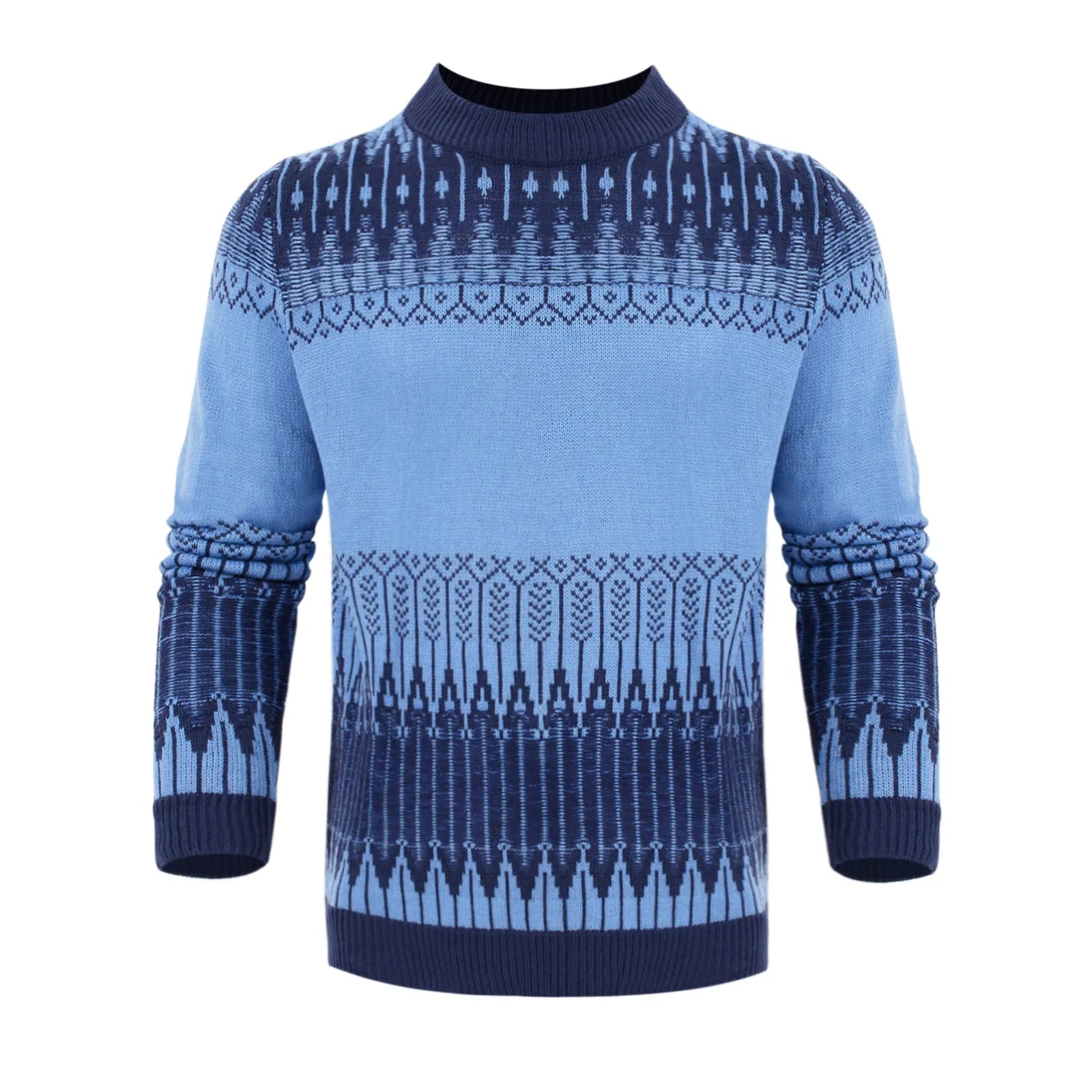 Men's grey cable-knit long sleeve pullover sweater on a hanger