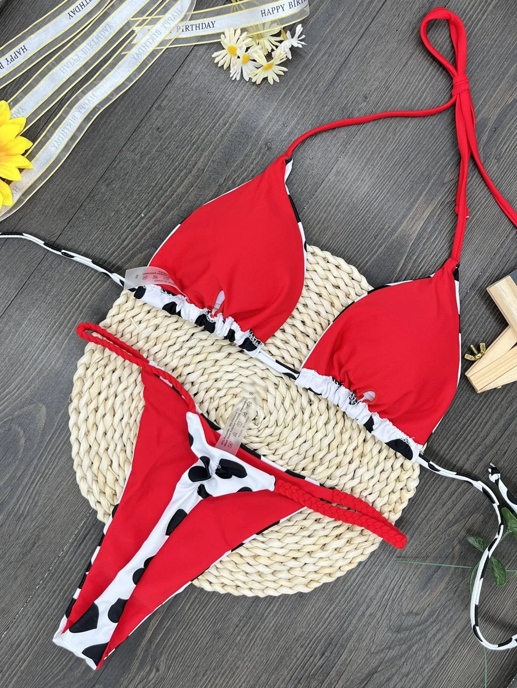 Heart print backless swimsuit with high-cut split briefs in nylon fabric with cotton lining