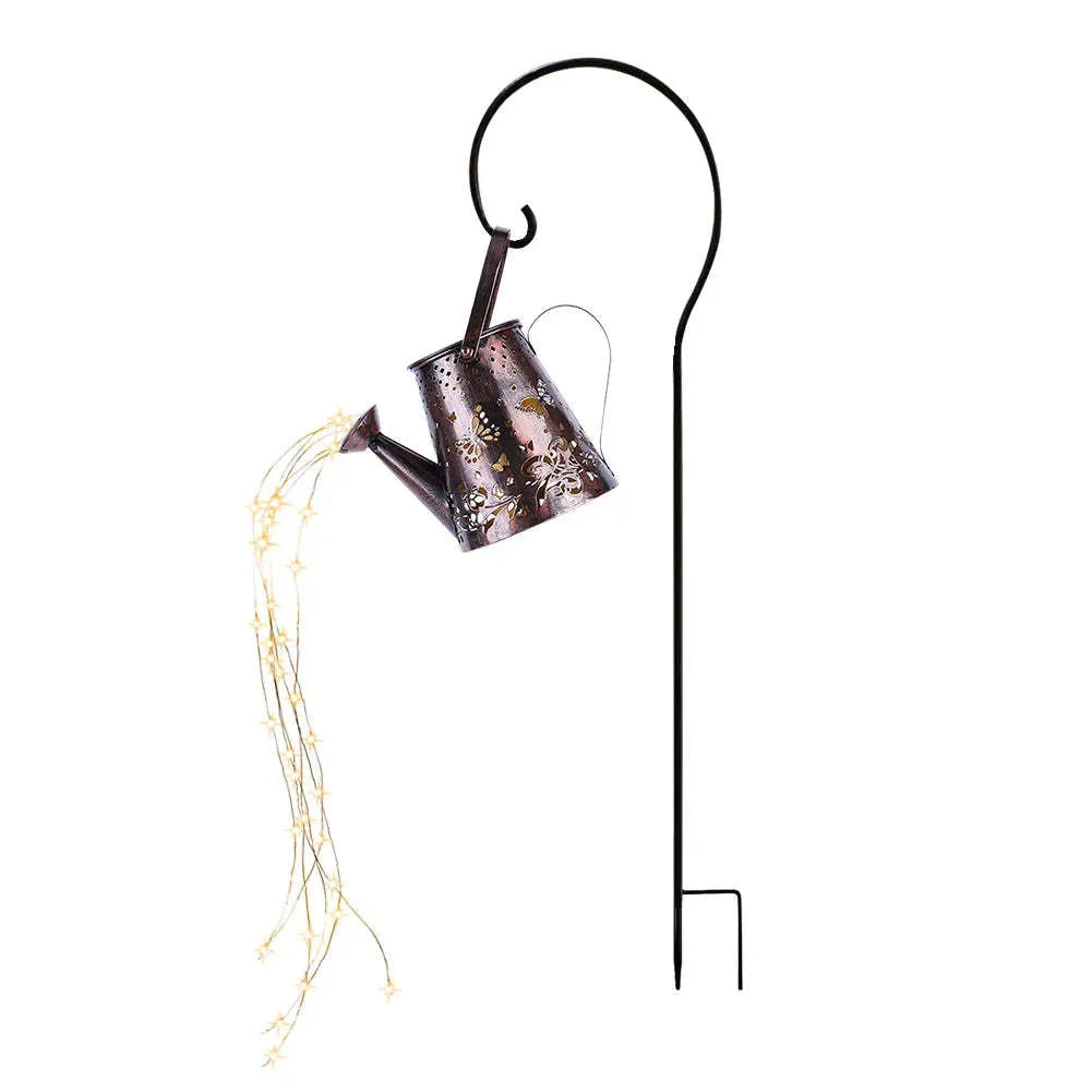 Tapered butterfly pattern iron solar garden lamp with warm white LED light.