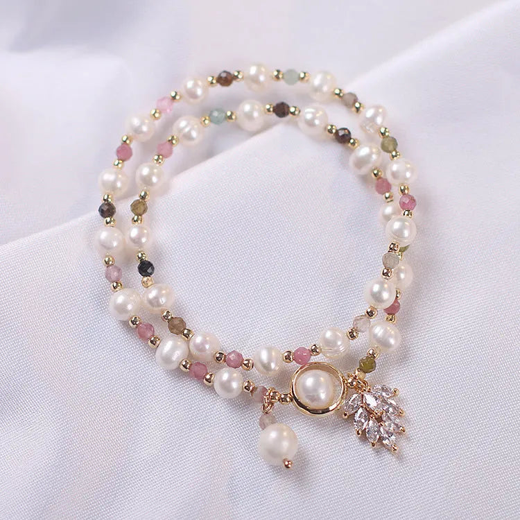 Red lucky cat charm crystal double layer bracelet with elastic closure