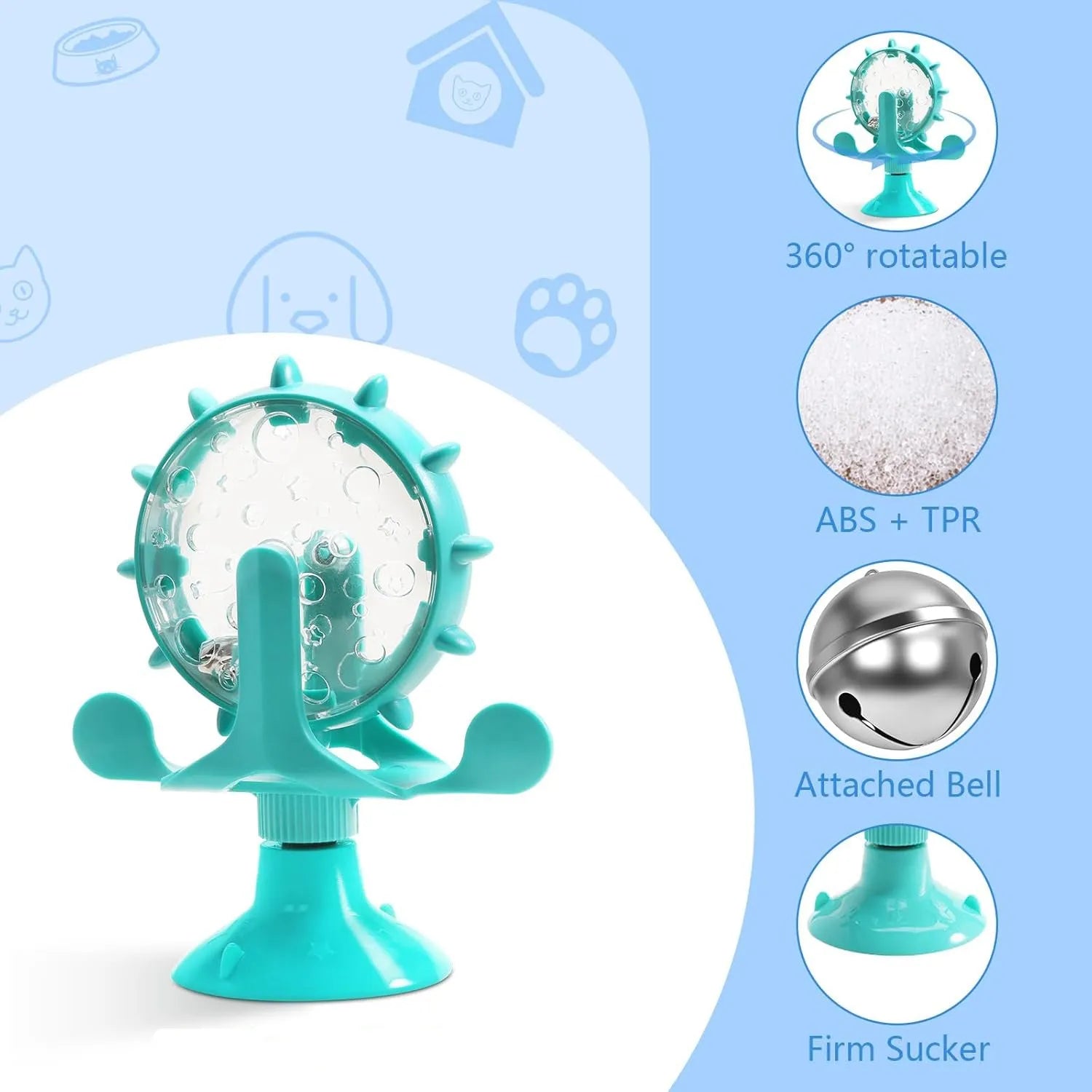 Interactive pet spinner toy in blue, green, red, or yellow with treat holes and suction base.