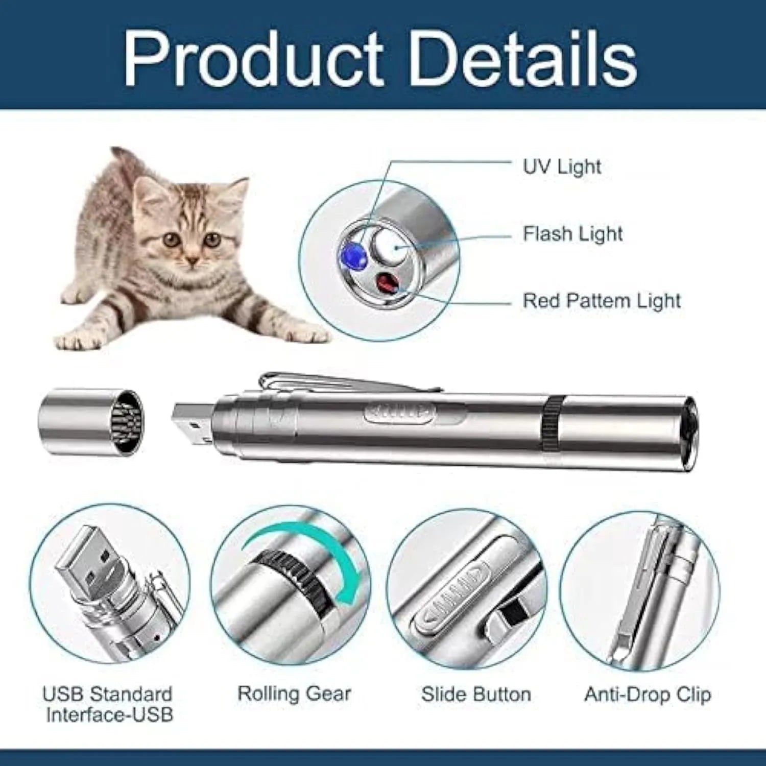 Silver aluminium cat laser pointer toy with USB charging showing light pattern modes