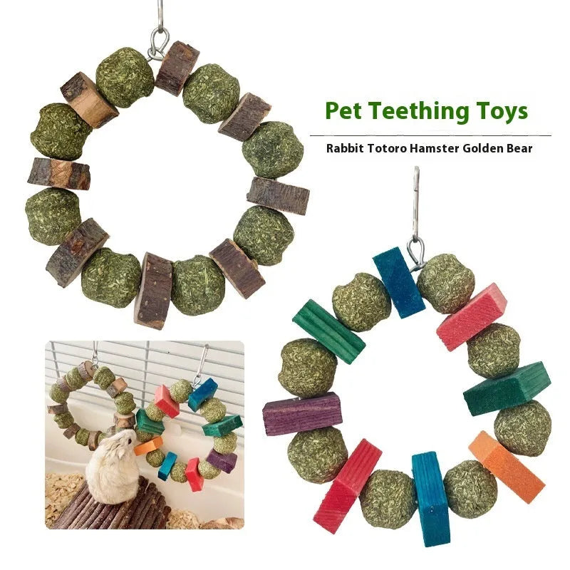 Hamster toy with ring, straw balls and applewood chew rod for small pets