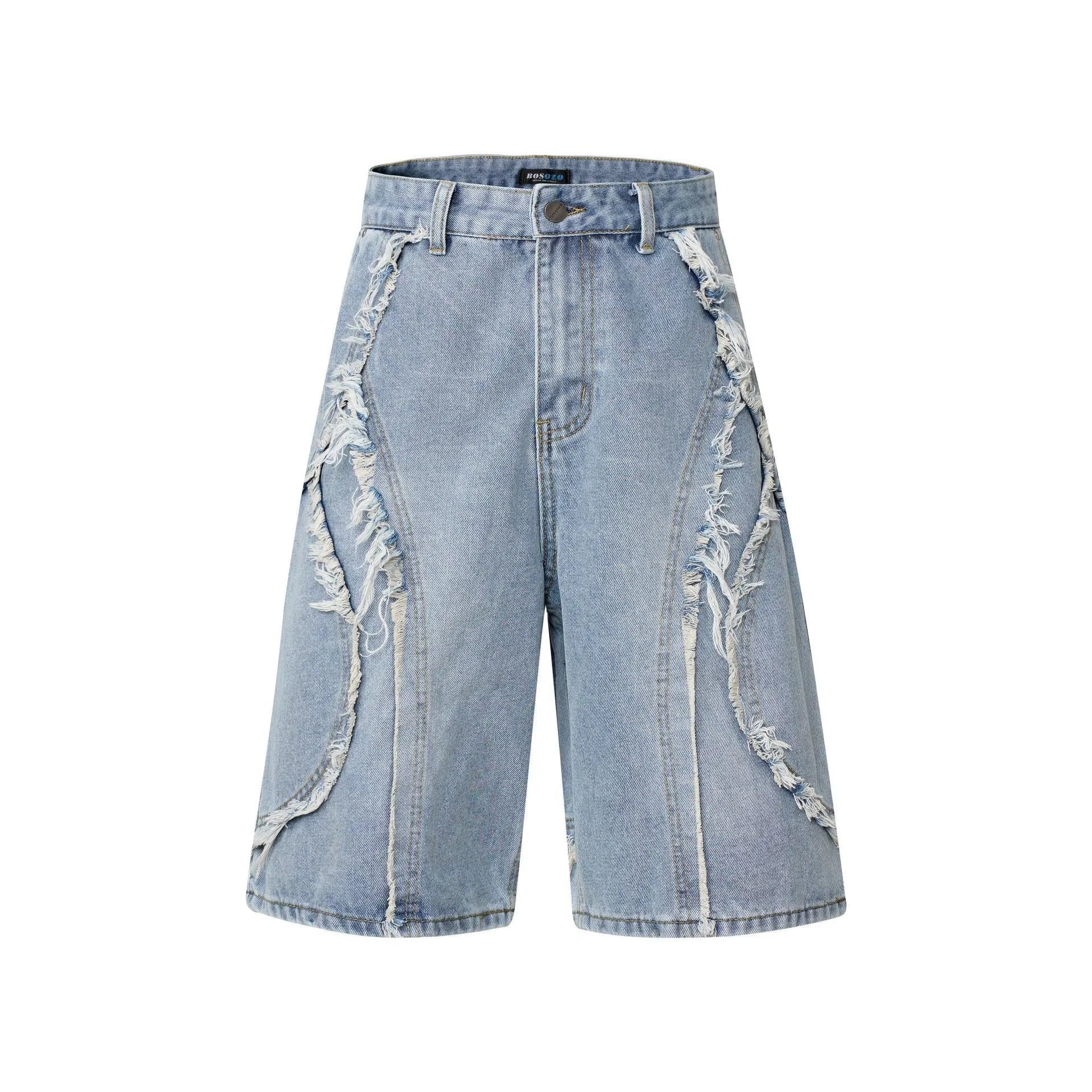 Distressed raw edge denim shorts in black, dark blue, and light blue for hip hop streetwear.