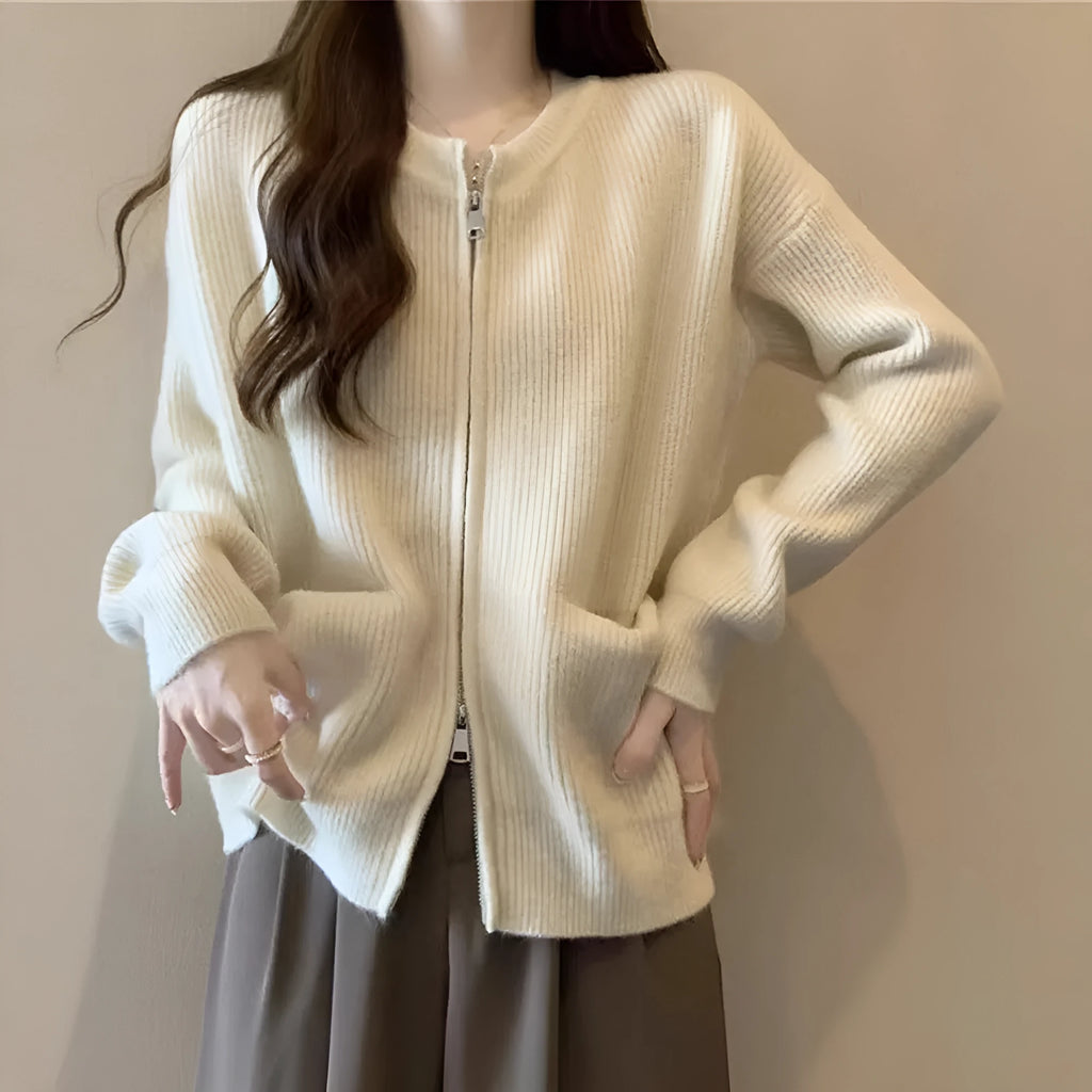 Soft viscose knit sweater coat cardigan in beige colour with long sleeves