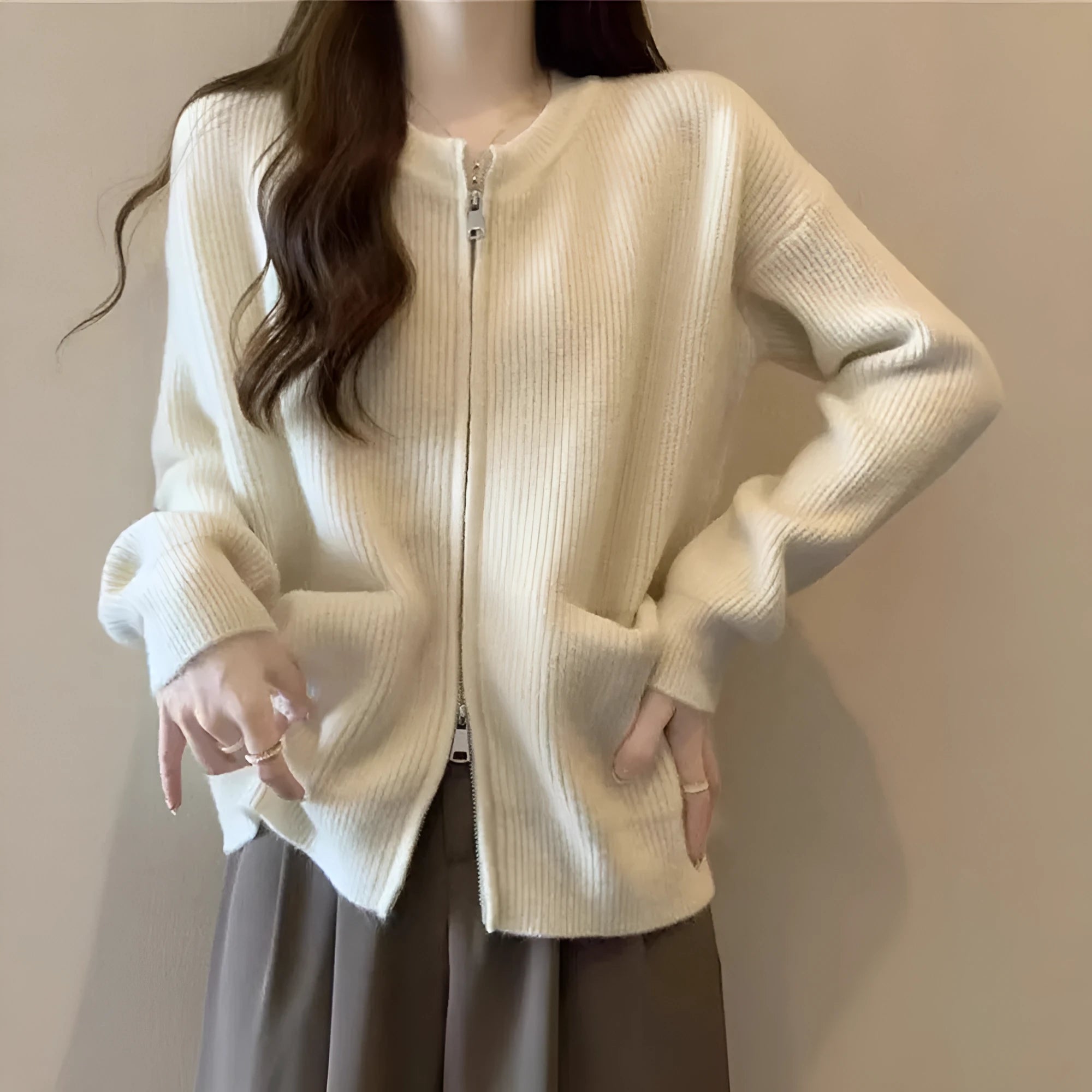 Soft viscose knit sweater coat cardigan in beige colour with long sleeves