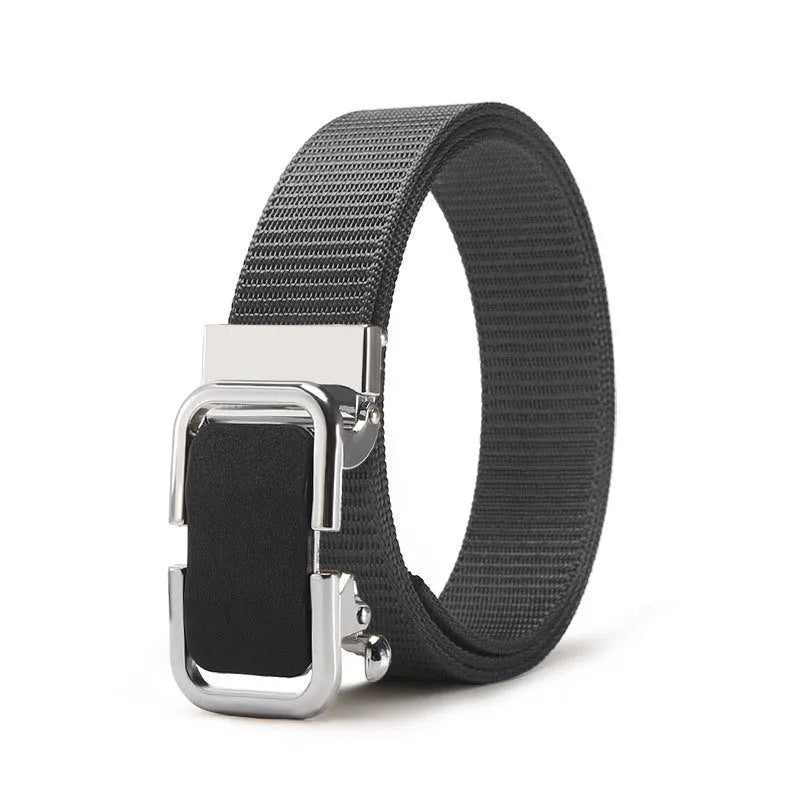 Men's nylon canvas belt with toothless alloy buckle shown in multiple colour options.