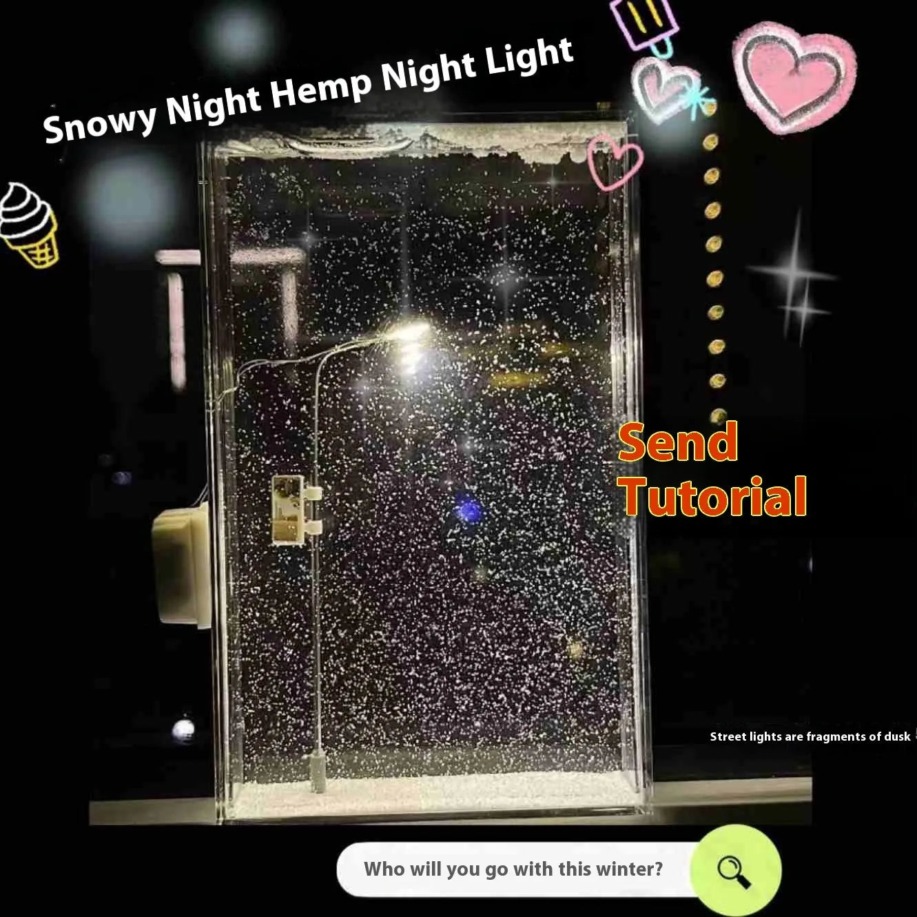 DIY kit components for building a snowy landscape night light with small houses and LED street lights.
