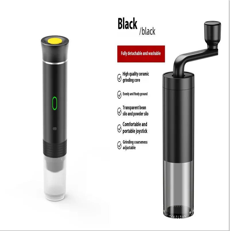 3-in-1 portable espresso maker in white with USB charging cable and ground coffee capsule compartments