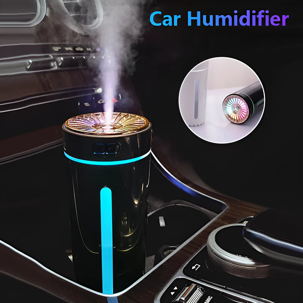Wireless air humidifier with colorful lights, 69x69x125mm, black 9301A rechargeable model in car cup holder