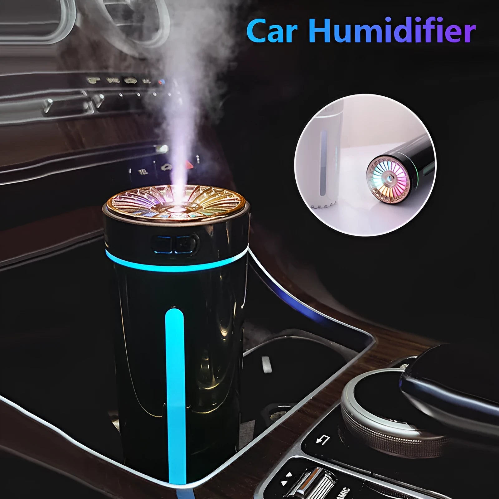 Wireless air humidifier with colorful lights, 69x69x125mm, black 9301A rechargeable model in car cup holder