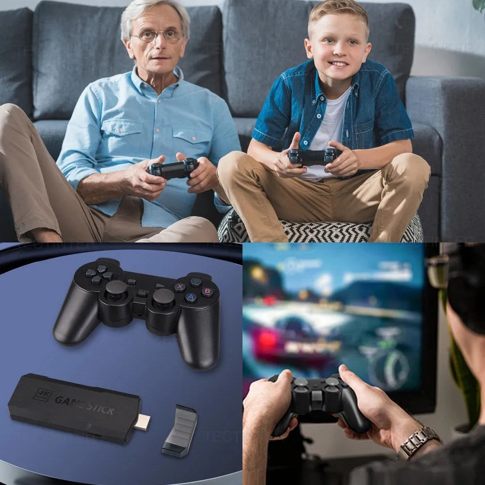 Compact black ABS wireless game console with handle, placed next to HDMI and charging cables on a surface.