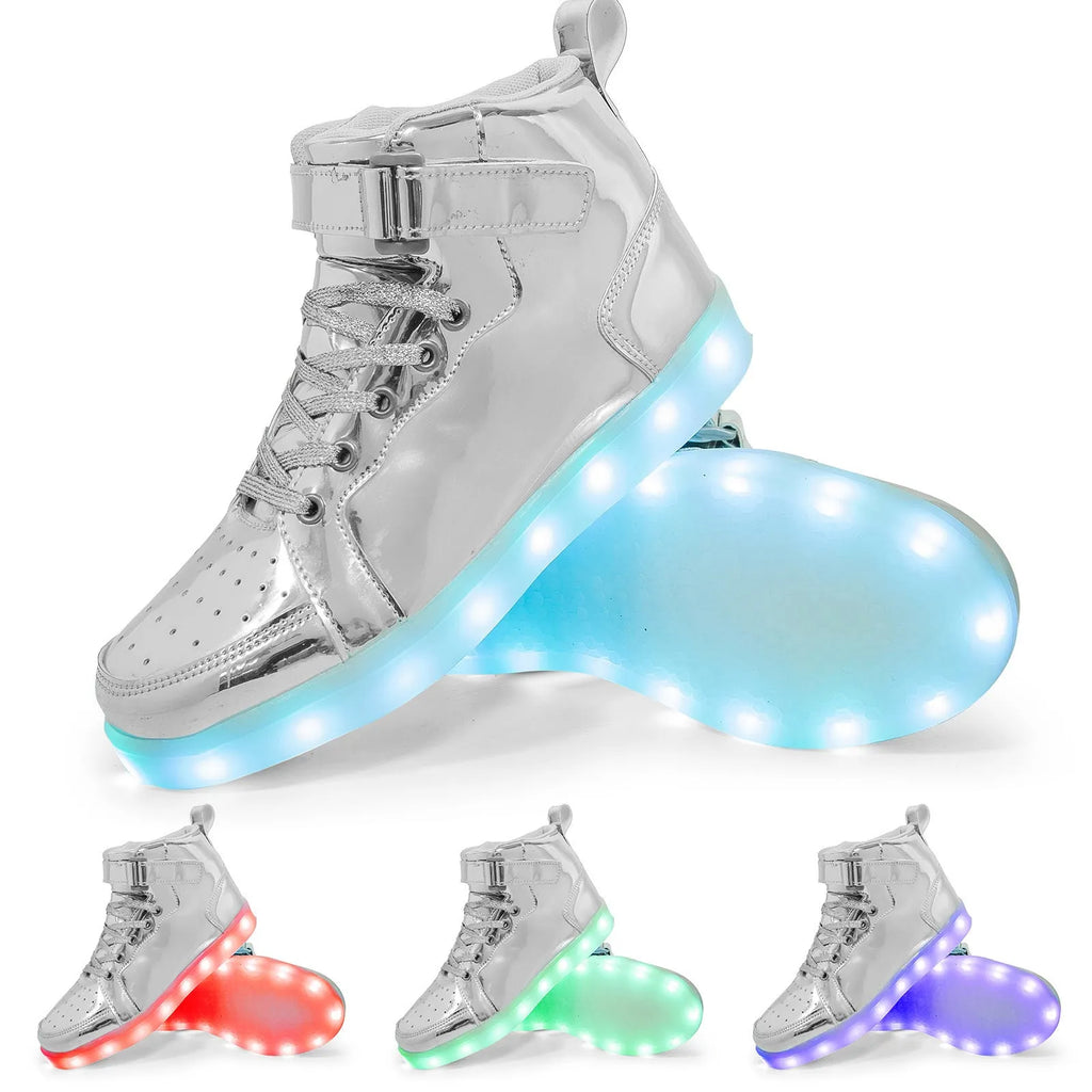Black high-top LED light-up shoes with Velcro strap and glowing soles