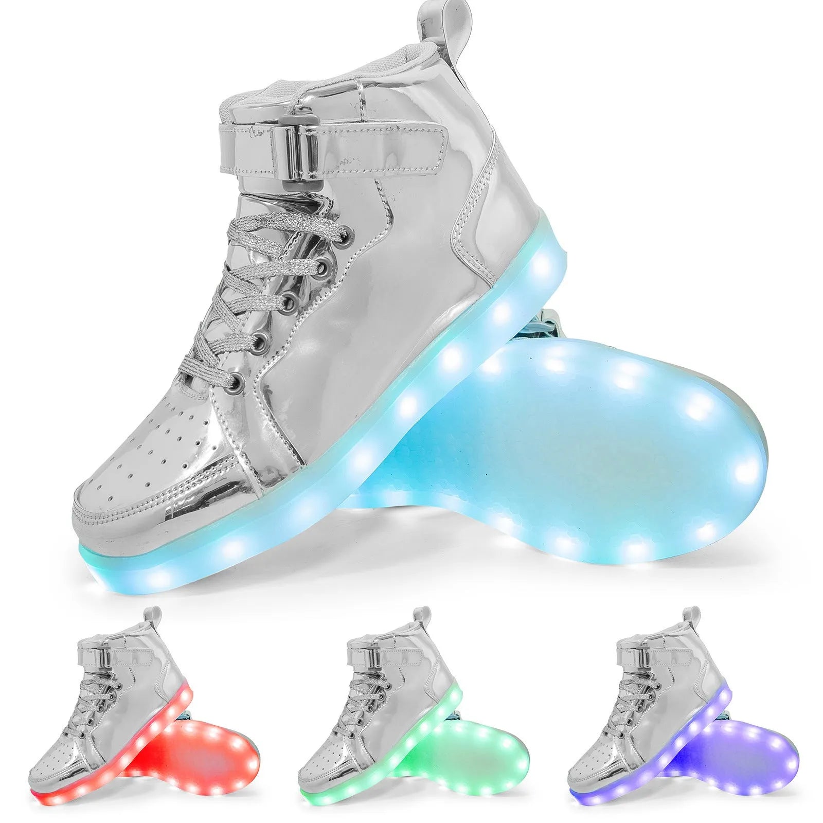 Black high-top LED light-up shoes with Velcro strap and glowing soles