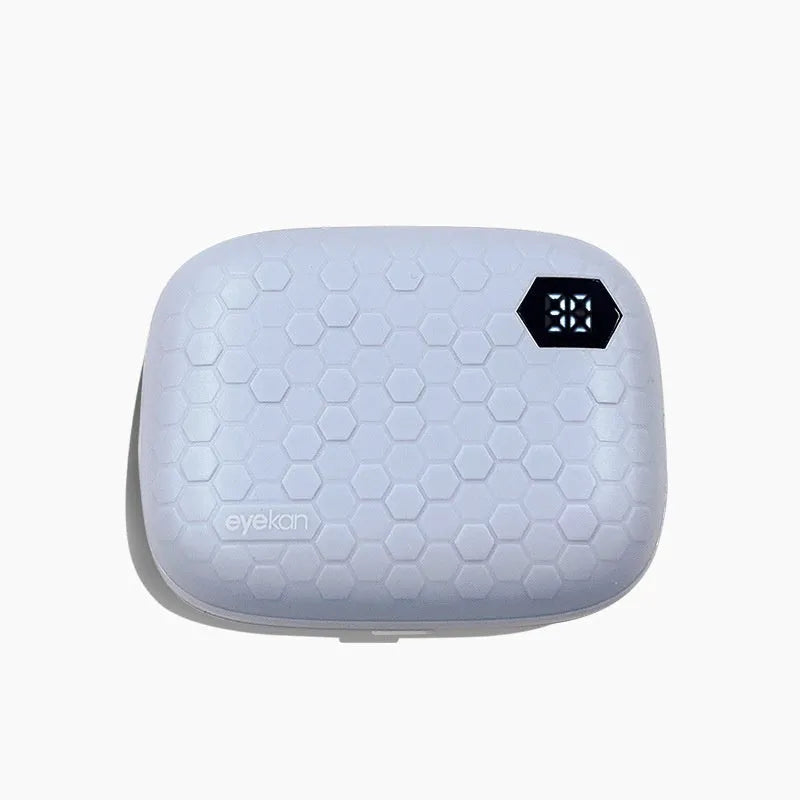 Automatic ultrasonic cleaning machine for glasses in blue, pink, or pearl white.