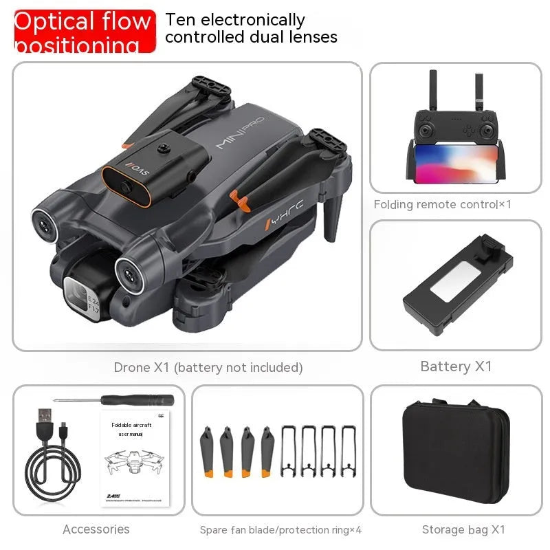 P12 Black and Orange quadcopter drones with HD cameras showing folded and unfolded positions