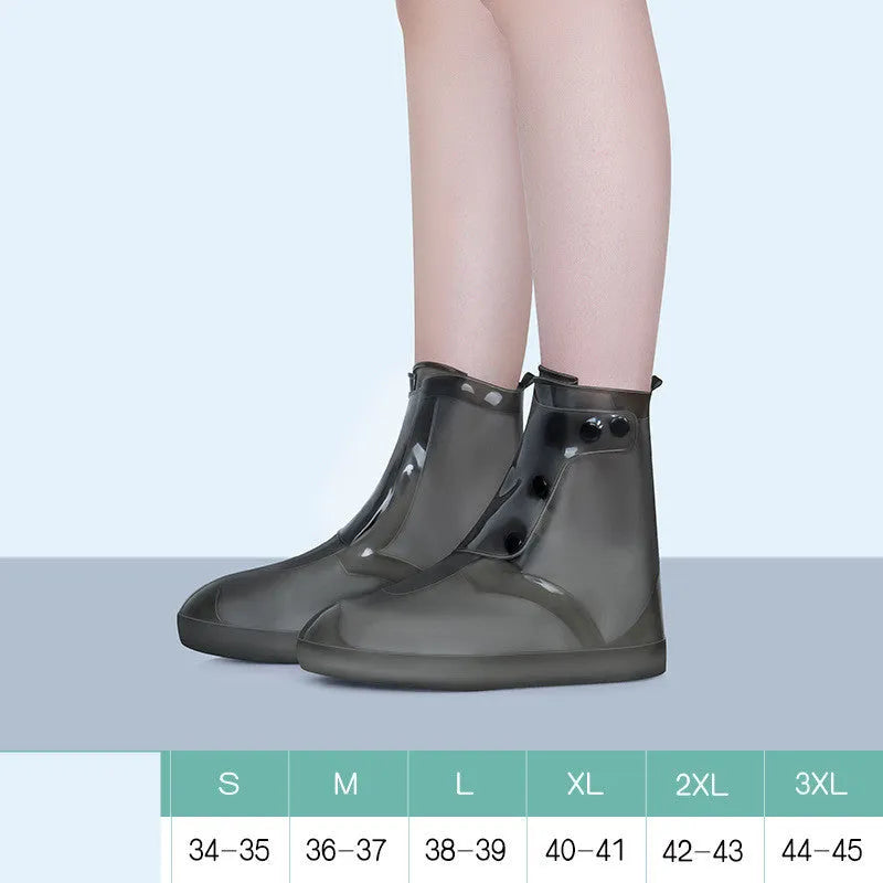 White PVC high top women's water resistant shoe covers with anti-skid soles shown in size options