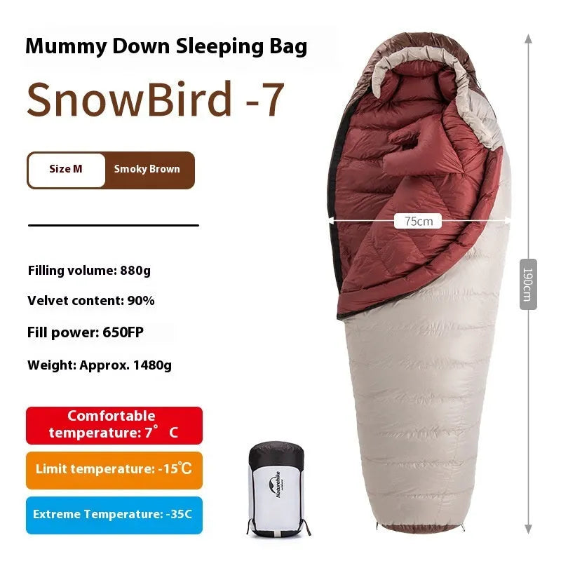 Goose down mummy sleeping bag for adults in Snowbird colour with storage bag