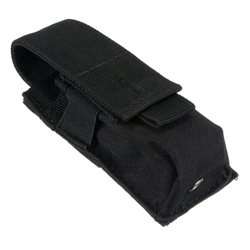 Military tactical waist bag with MOLLE straps and elastic cord closure in camouflage pattern