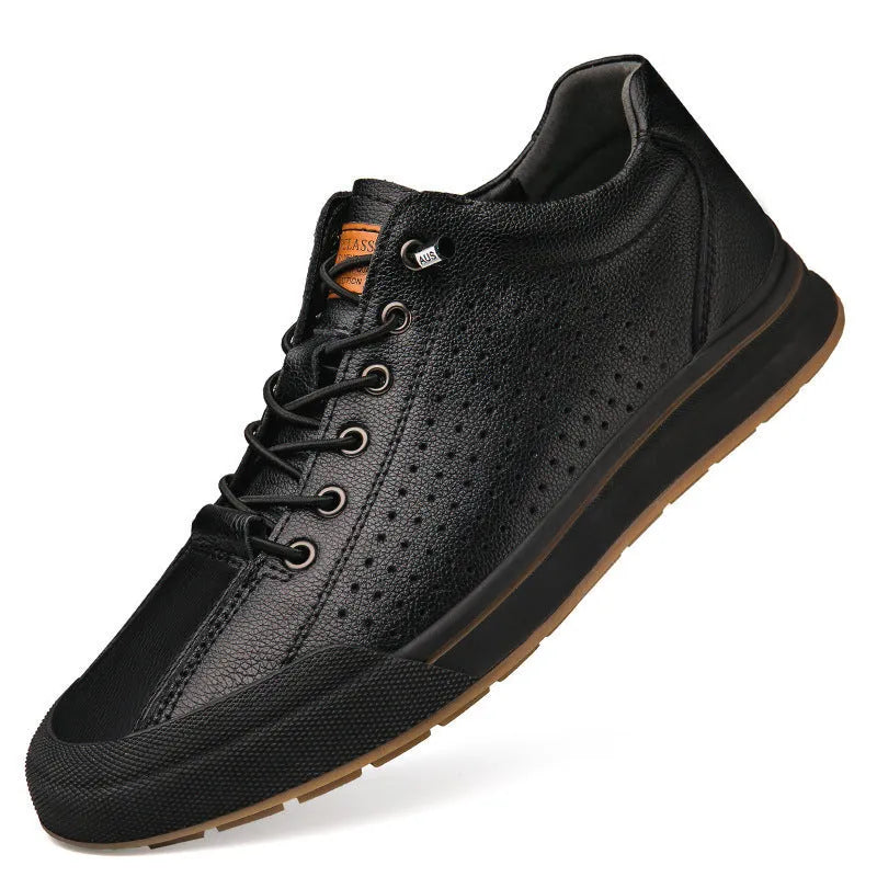 Men's white leather casual shoes with flat heel and round toe on a plain background