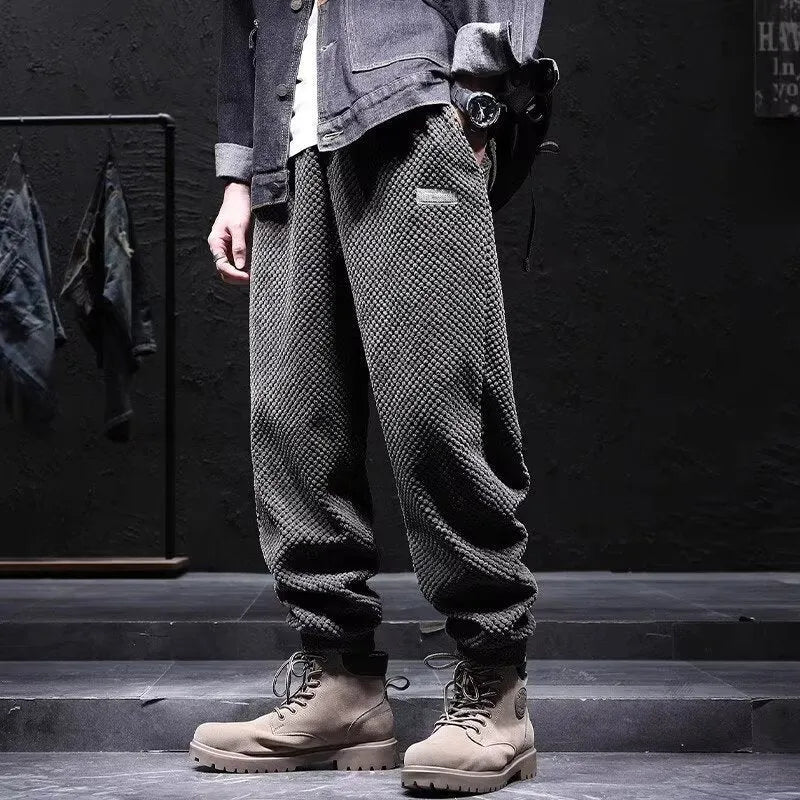Men's grey ankle-tied casual sweatpants with straight leg design