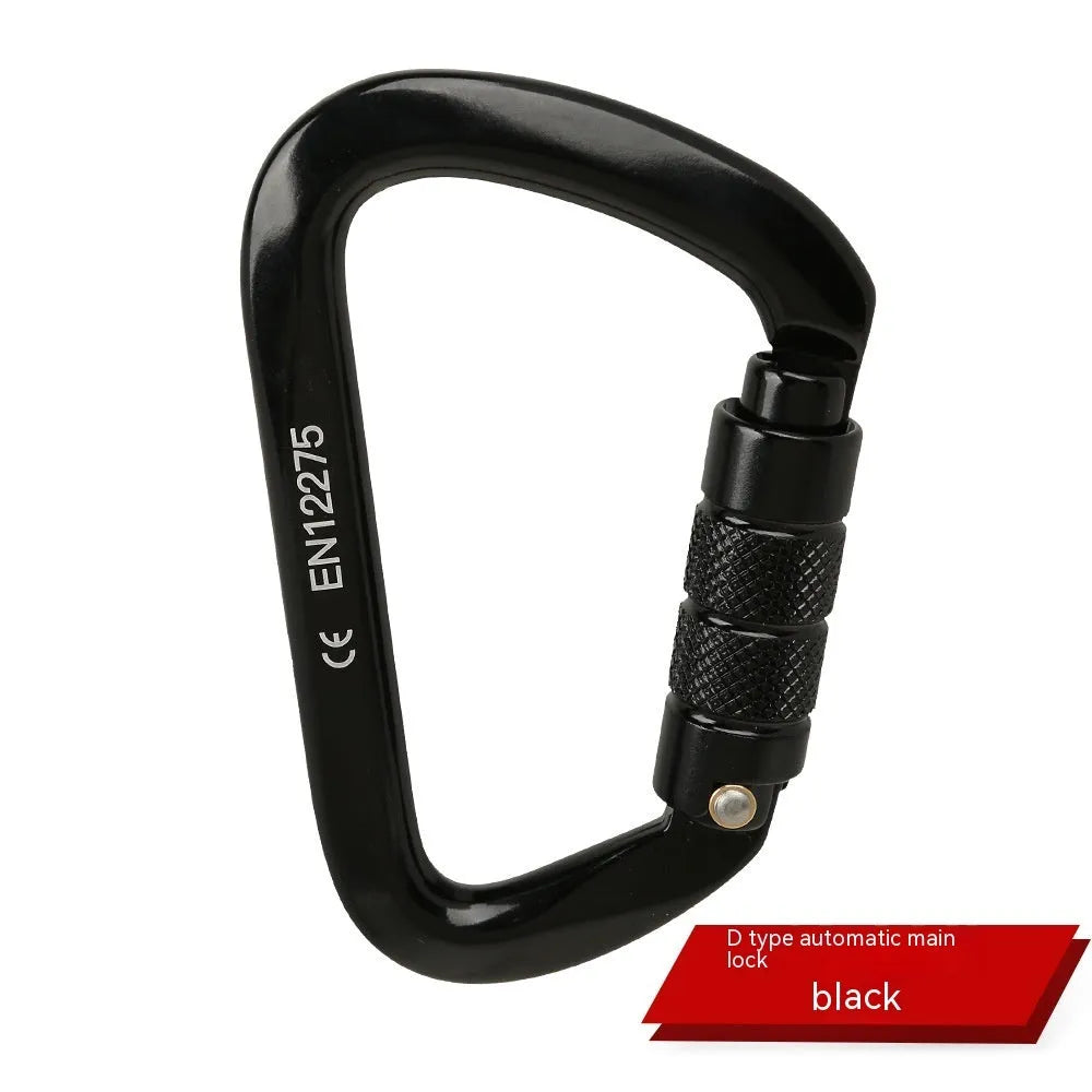 D-shaped steel climbing carabiner main lock shown in multiple colour options including orange, blue, and red.