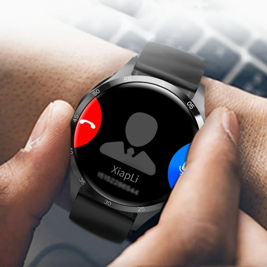 Black smartwatch with Bluetooth calling on a silicone strap, displaying health metrics on its TFT touch screen.