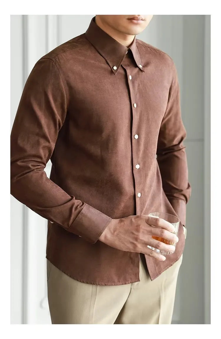Men's pure color artistic lazy trendy shirt in cotton blend, brown, front view