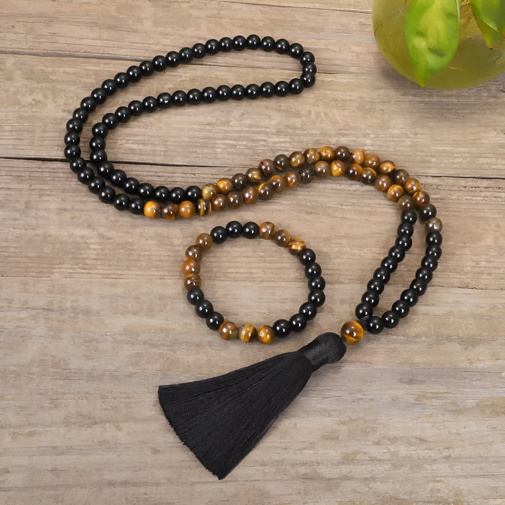 Tiger eye stone drop pendant necklace with tassel detailing on 81cm adjustable chain