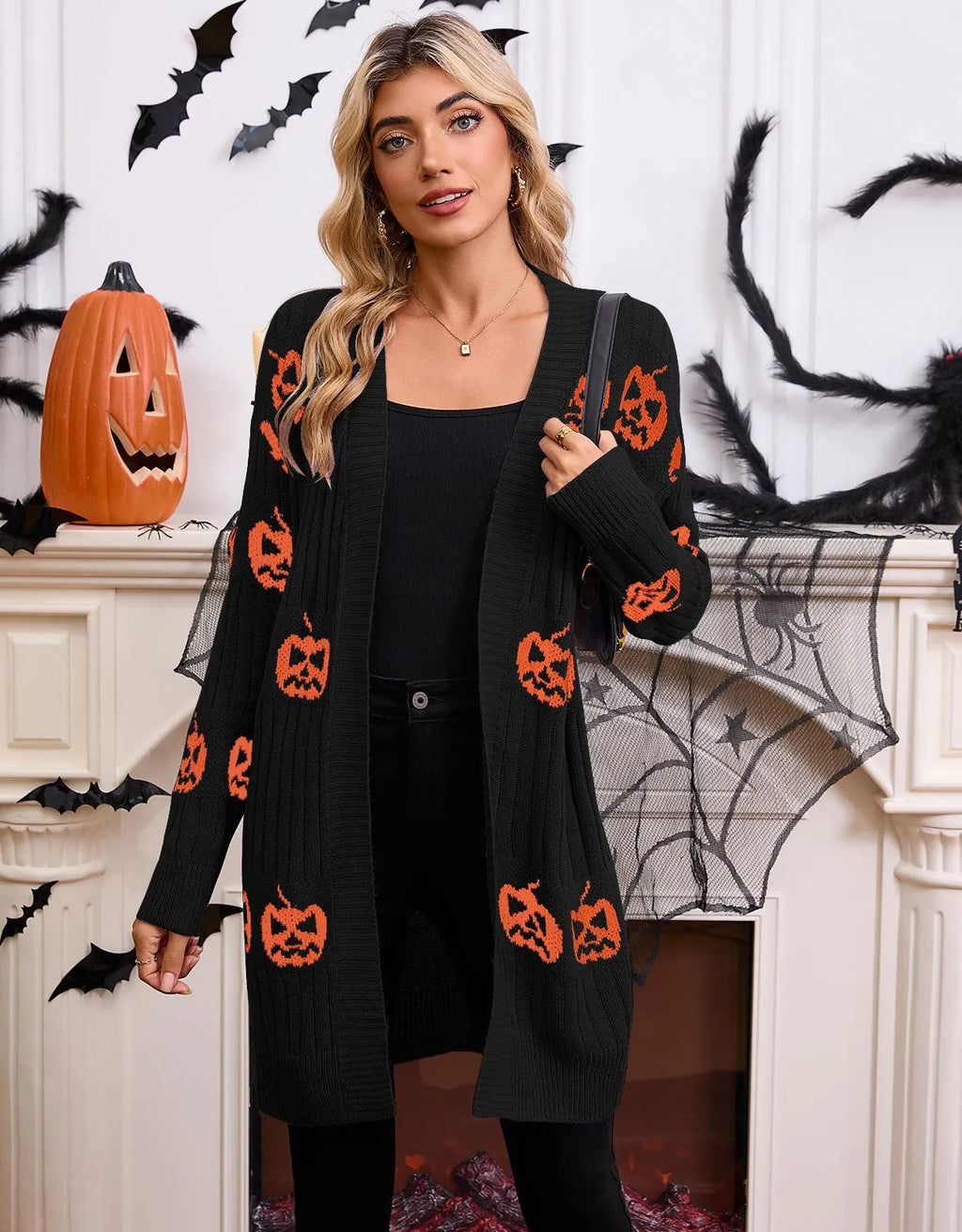 Women's black Halloween cardigan with knitted pumpkin head pattern, straight fit with regular sleeves