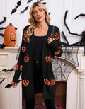 Women's black Halloween cardigan with knitted pumpkin head pattern, straight fit with regular sleeves