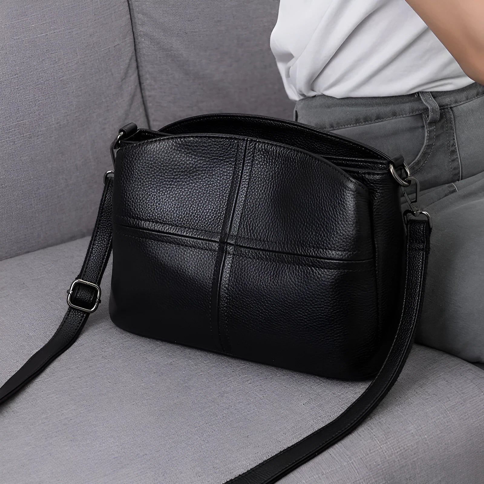 Genuine leather women's shoulder crossbody bag with plaid pattern in urban minimalist style