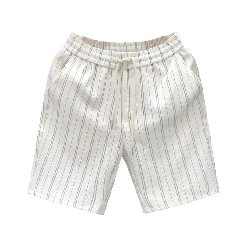 Men's black and white striped fleece-lined casual shorts with an ankle-banded cuff on a hanger.